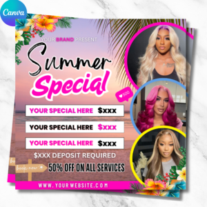 Editable summer braids booking flyer template for hairstylists and beauty professionals, with customizable text and bright summer theme.