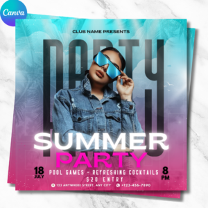 Editable summer party flyer template for pool party or BBQ event, colorful Canva design with tropical theme, customizable for print or digital use.