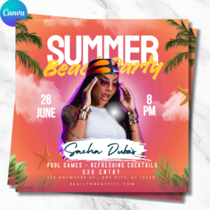 Editable summer party flyer template for Canva with pool party and BBQ theme, perfect for digital or printable summer event invitations.