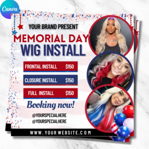 Editable July booking flyer for hairstylists, lash and brow artists, beauty salon promotions, Fourth of July themed flyer template in Canva.
