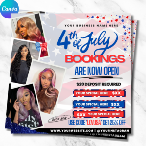 Editable beauty booking flyer promoting Independence Day hair and lash deals.