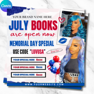 Editable July 4th booking flyer for beauty salons with red and blue theme