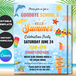 Editable end of school year pool party invitation