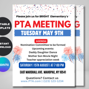 Editable PTA Meeting Flyer – 4th of July PTO School Reminder Template
