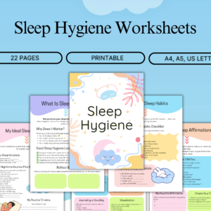 Sleep hygiene worksheet bundle with bedtime routine tracker and calming affirmation journal in A4 A5 and US Letter sizes