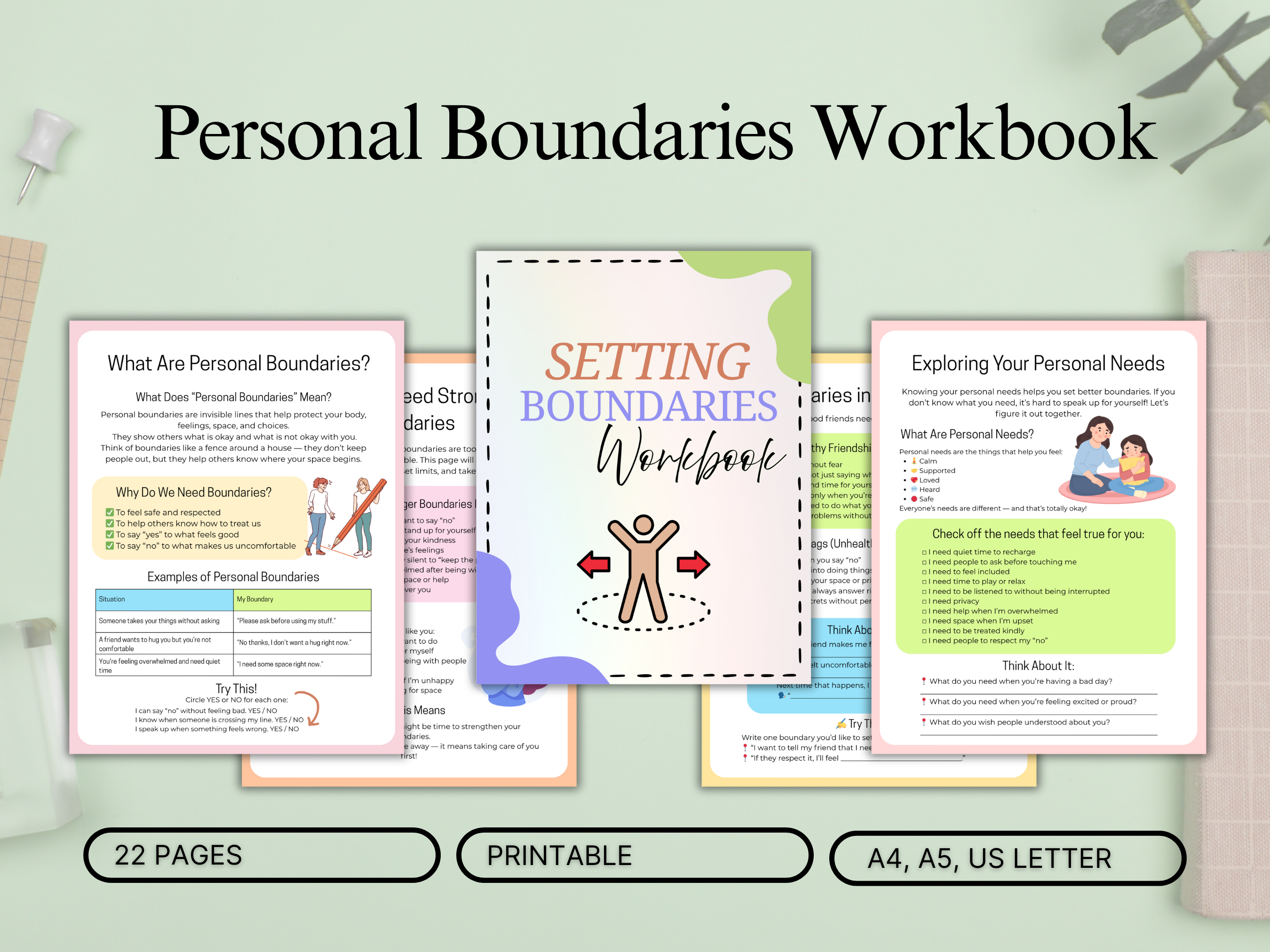 Printable Personal Boundaries Workbook – 22-Page Mental Health & Therapy Journal for Teens and Adults