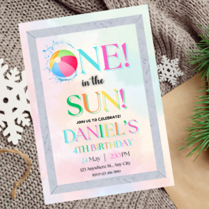 Editable One in the Sun 1st Birthday Invitation | Pool Party Canva Template