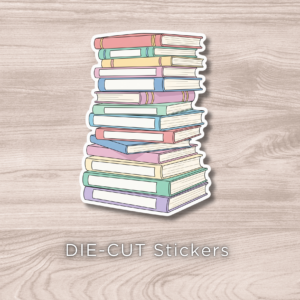 Tall pastel stack of books die-cut vinyl sticker on wooden background