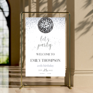 Editable Disco Party Welcome Sign | Silver Sparkle Dance Poster