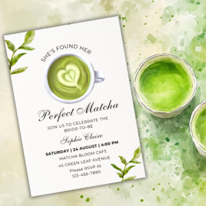 She’s Found Her Perfect Matcha Bridal Shower Invitation – Sage Green Editable Template