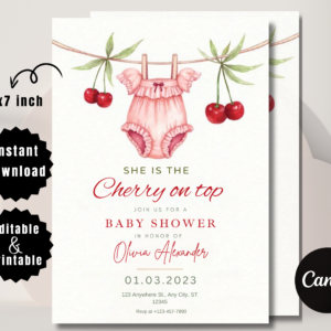Cherry Baby Shower Invitation for Girls | Editable Canva Template