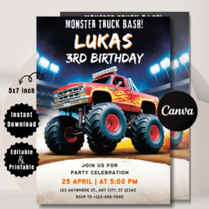 Editable Monster Truck Birthday Invitation | Boom Crash Party Card | Digital Download