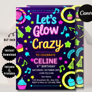 Editable Glow Party Birthday Invitation | Neon Theme Canva Template