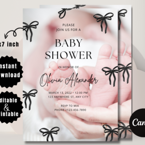 Black Bow Baby Shower Invitation – Editable Canva Template for Girl