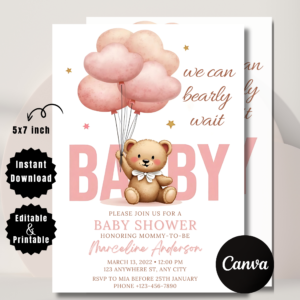 Modern Boho Teddy Bear Baby Shower Invitation | Editable Template for Baby Girl