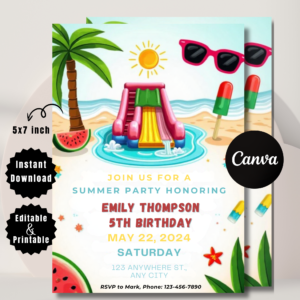 Editable Water Slide Birthday Invitation | Girl Summer Pool Party Template
