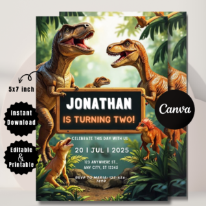 Editable Dinosaur Birthday Invitation | T-Rex Party Canva Template