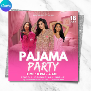 Editable Pajama Party Flyer Template – Pink Sleepover Invitation for Girls' Night or Birthday