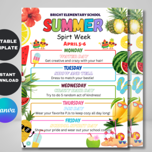 Editable Summer Spirit Week Flyer Template | Printable Camp & School Planner