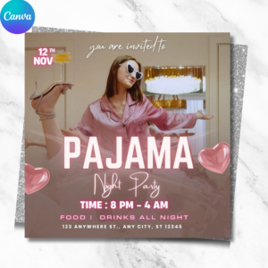 Editable Pajama Party Flyer Template – Pink Sleepover Invitation for Girls' Night or Birthday Party