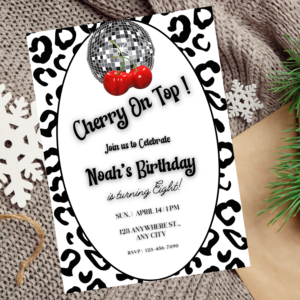 Meta Title: Editable Cherry on Top Disco Birthday Invitation | Red Cherry & Leopard Printable