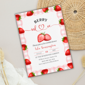 Berry In Love Strawberry Bridal Shower Invitation – Editable Canva Template