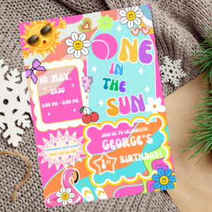 Editable One in the Sun First Birthday Invitation – Groovy Pool Party Template