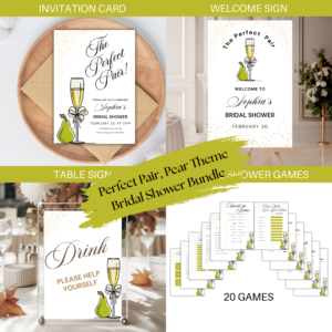 Perfect Pair Bridal Shower Bundle | Pear Theme Invitation, Games & Decor