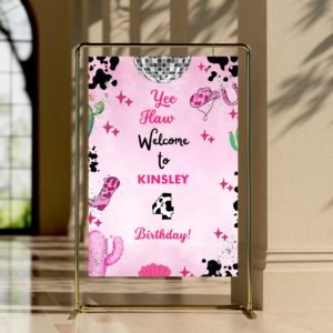 Editable Space Cowgirl Birthday Welcome Sign | Pink Disco Party Poster Template