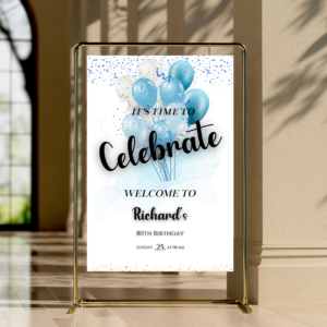 Men’s Birthday Welcome Sign – Editable Canva Poster | Blue & Black Party Sign