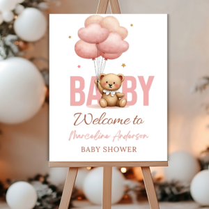 Modern Boho Teddy Bear Baby Shower Welcome Sign – Editable Canva Template