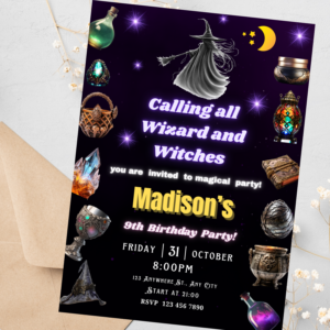 Wizard and Witch Birthday Invitation – Editable Canva Template | Magical Castle Party Invite