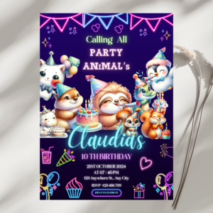 Editable Party Animals Birthday Invitation – Neon Jungle Kids Party Template