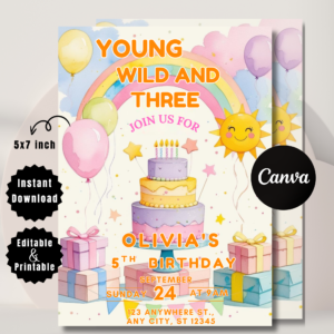 Young Wild and Three Unicorn Birthday Invitation | Editable Canva Template