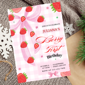 Berry First Birthday Invitation | Strawberry & Bow Theme