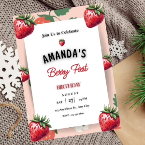 Editable Berry First Birthday Invitation | Strawberry & Bow Theme