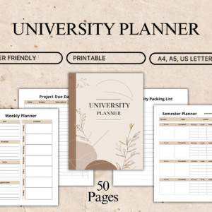 University Planner Printable | Academic & Study Planner (50 Pages, A4, A5, US Letter)