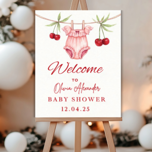 Cherry Baby Shower Welcome Sign – Coquette Pink Bow Editable Template (16x20)