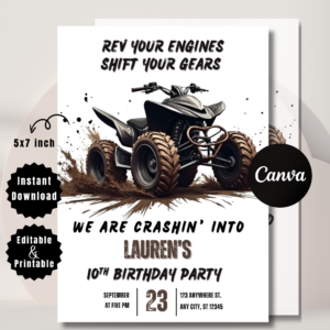 Editable ATV Birthday Invitation – Off-Road Quad Party 5x7 Template