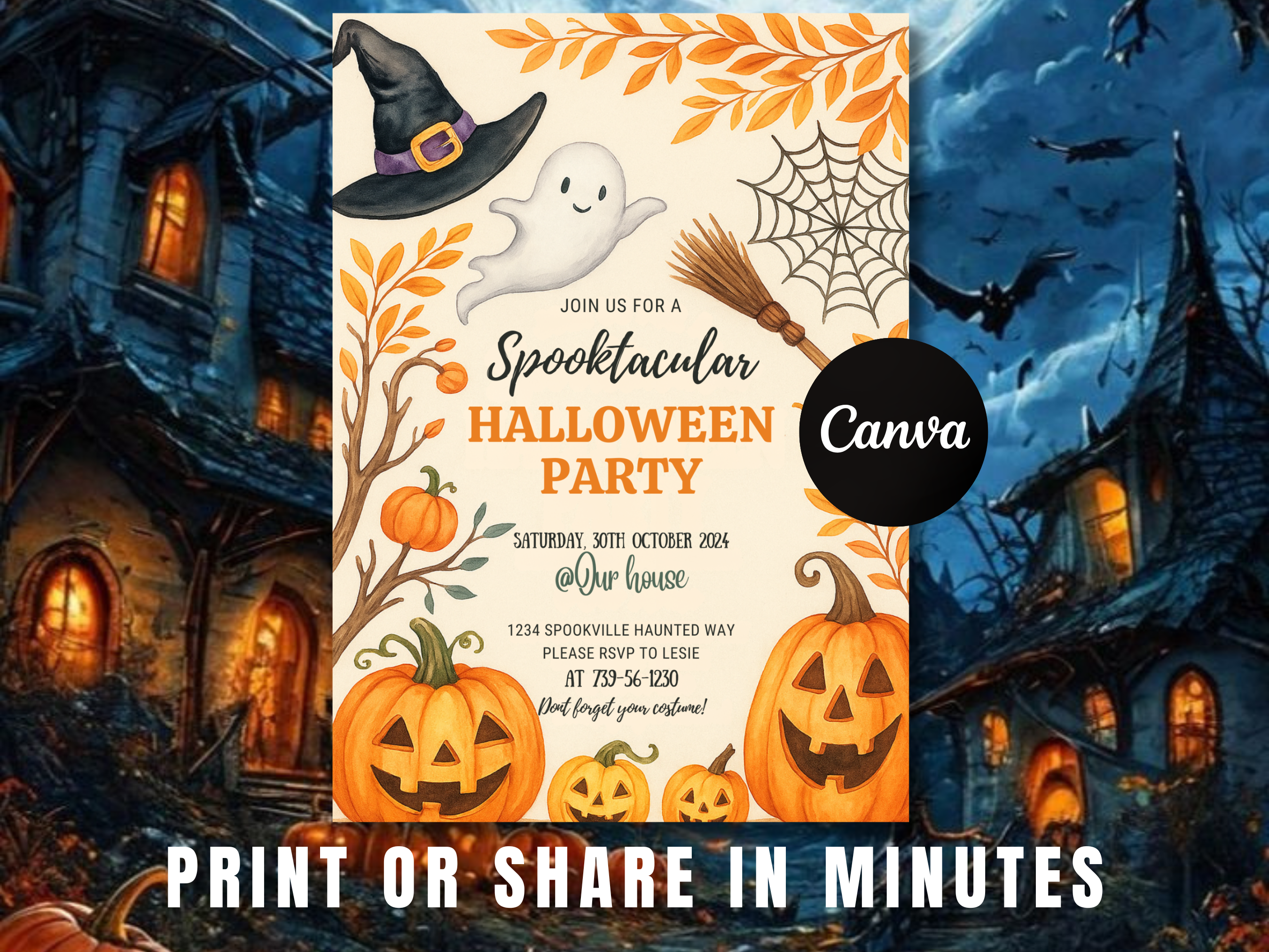 Editable Halloween Party Invitation | Spooky Pumpkin Theme Canva Template - Image 3