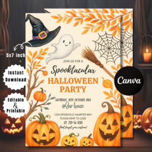 Editable Halloween Party Invitation | Spooky Pumpkin Theme Canva Template
