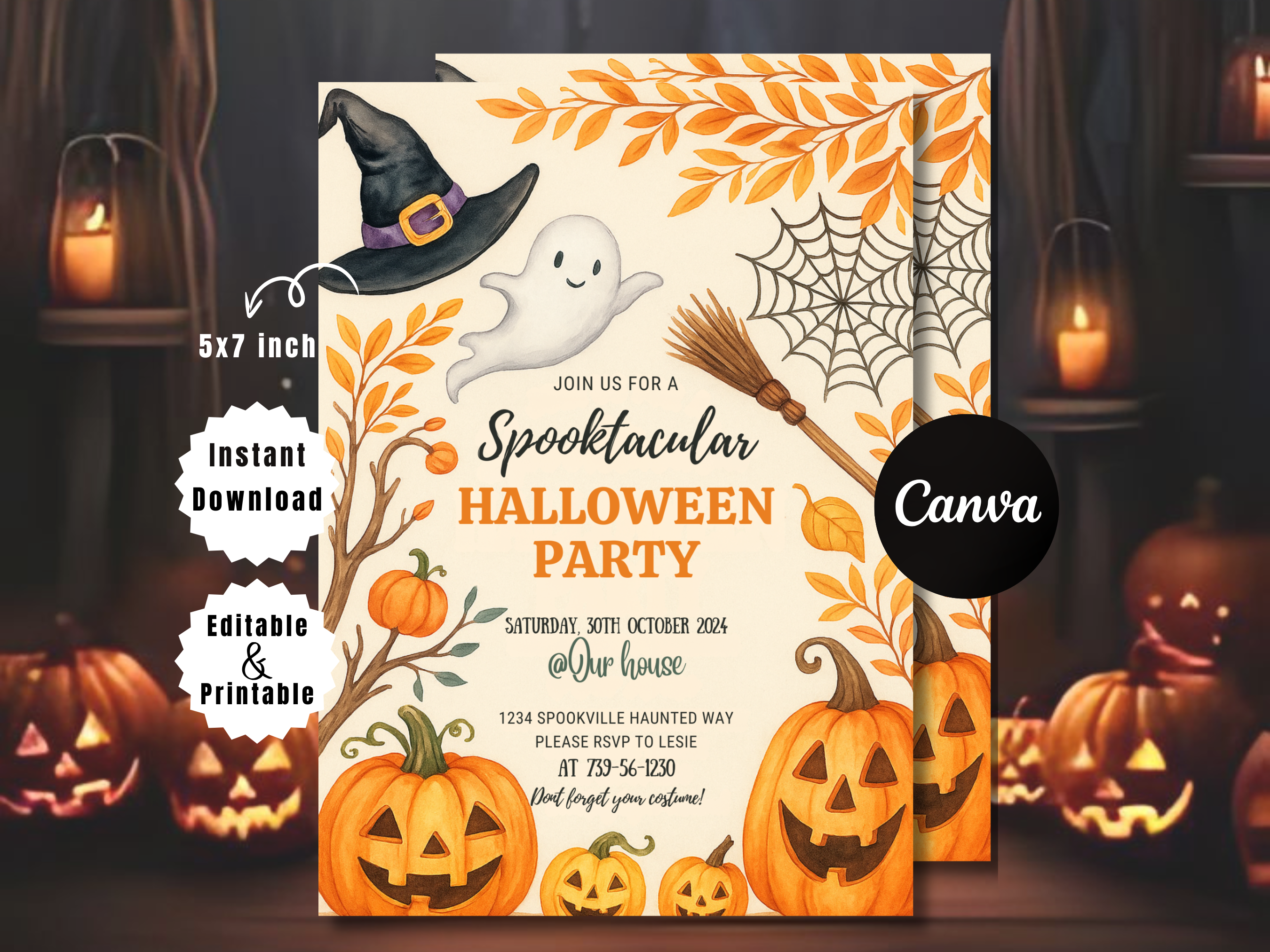Editable Halloween Party Invitation | Spooky Pumpkin Theme Canva Template