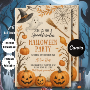 Editable Halloween Party Invitation | Pumpkin Theme Canva Template