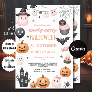 Editable Pink Halloween Birthday Invitation | Spooky Cute Party Canva Template