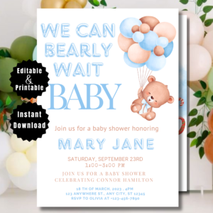 Editable Brown Bear Baby Shower Invitation