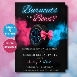 Burnouts or Bows Gender Reveal Invitation