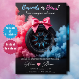 Burnouts or Bows Gender Reveal Invitation