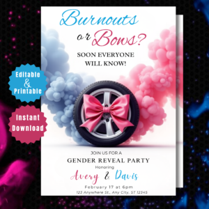 Burnouts or Bows Gender Reveal Invitation