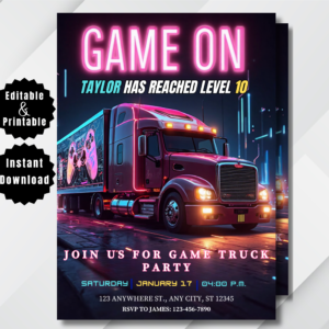 Video Game Birthday Invitation | Editable Neon Glow Gamer Party