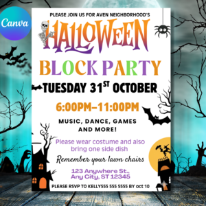 Editable Halloween Block Trick or Treat Neighbourhood Party Flyer